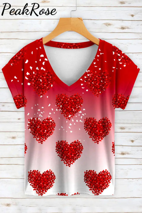 Red Heart-Shaped V-Neck Shift Casual T-Shirt T-Shirt