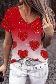 Red Heart-Shaped V-Neck Shift Casual T-Shirt S / T-Shirt