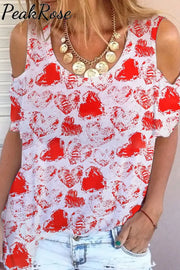 Red Ink Love Print Cold Shoulder T-Shirt