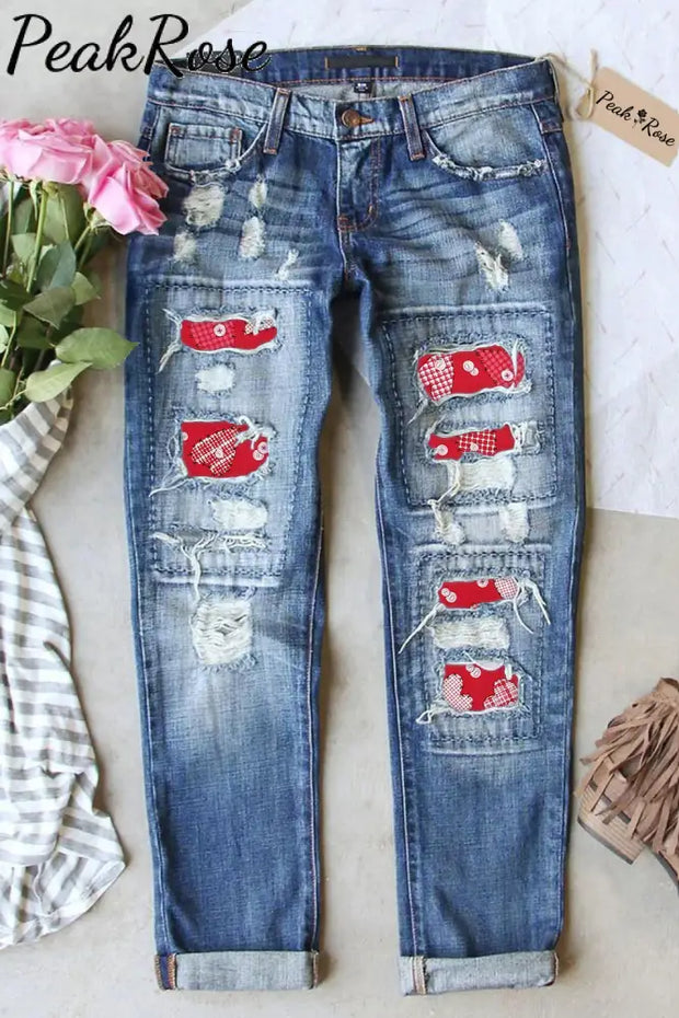 Red Love Heart Ripped Denim Jeans