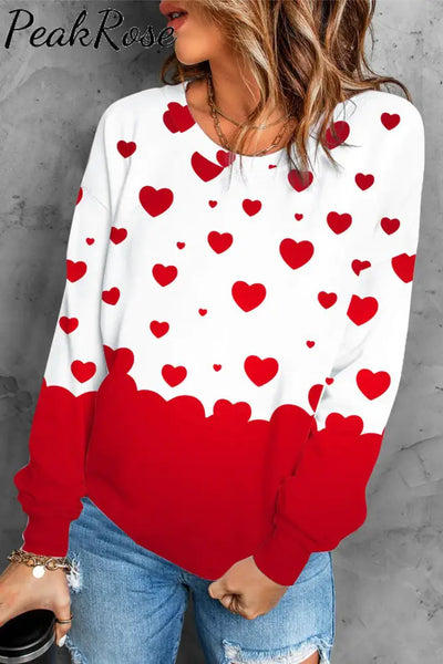 Red Love Heart-Shaped Round Neck Casual Sweatshirt S /