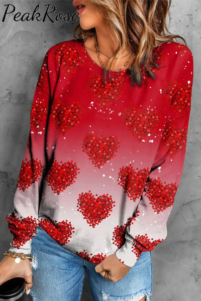 Red Love Heart-Shaped Round Neck Casual Sweatshirt S /