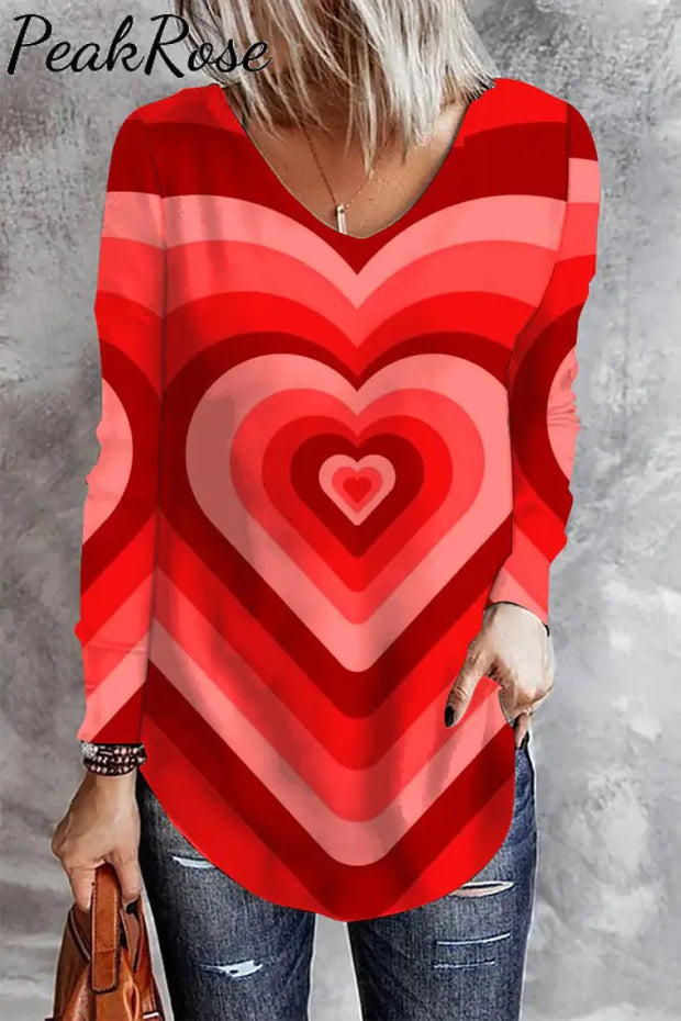 Red Love Heart-Shaped V-Neck Casual Long Sleeve T-Shirt S /