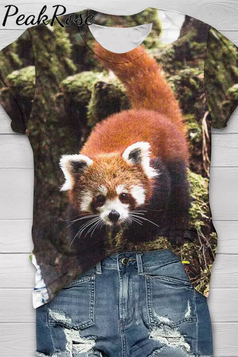 Red Pandas In The Forest Print Round Neck Short Sleeve T-Shirt