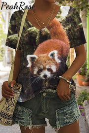 Red Pandas In The Forest Print Tie-Dye V Neck T-Shirt T-Shirt