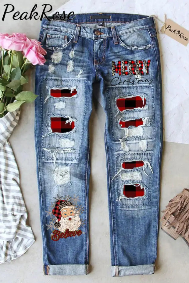 Red Plaid Christmas Believe Santa Jeans