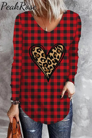 Red Plaid Heart-Shaped Leopard V Neck Long Sleeve T-Shirt