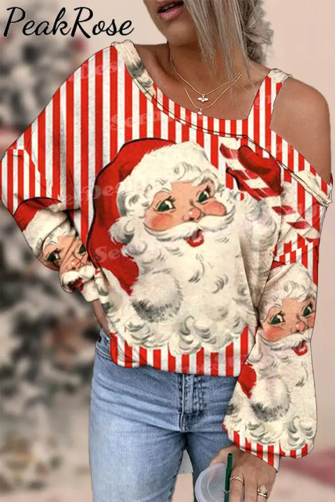 Red Plaid Santa Print Off-Shoulder Blouse