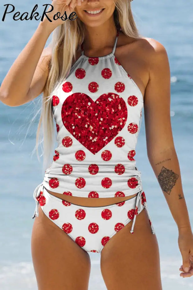 Red Polka Dots Love Print Bikini Swimsuit S / White