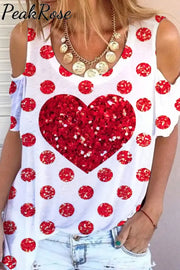 Red Polka Dots Love Print Cold Shoulder T-Shirt T-Shirt