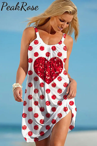 Red Polka Dots Love Print Sleeveless Dress S / White