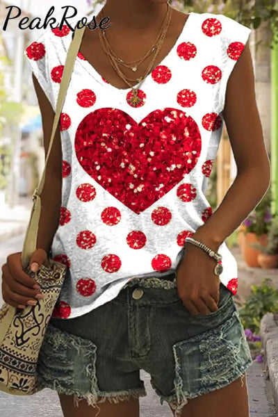 Red Polka Dots Love Print Tank Top S / White V-Neck