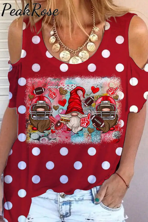 Red Retro Pastoral Polka Dot Style And Three Midgets Western American Football Cold Shoulder