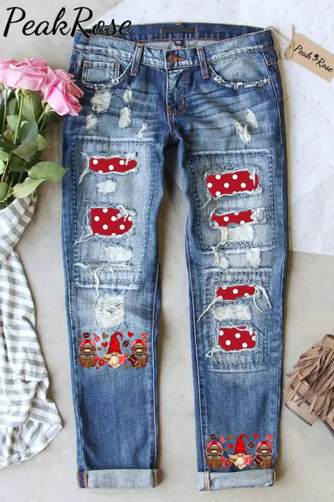 Red Retro Pastoral Polka Dot Style And Three Midgets Western American Football Ripped Denim Jeans