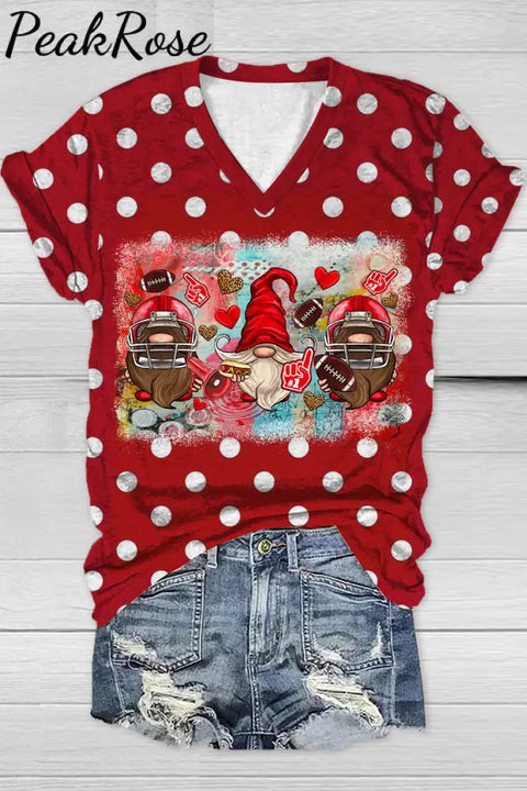 Red Retro Pastoral Polka Dot Style And Three Midgets Western American Football V Neck T-Shirt