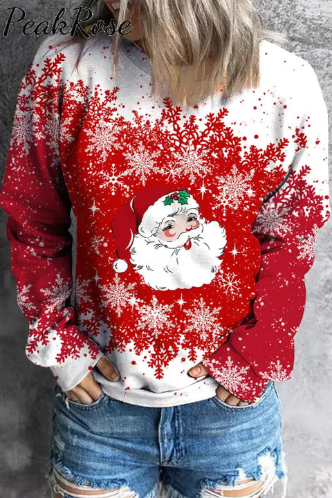 Red Santa Snowman Graphic Round Neck Shift Casual Sweatshirt