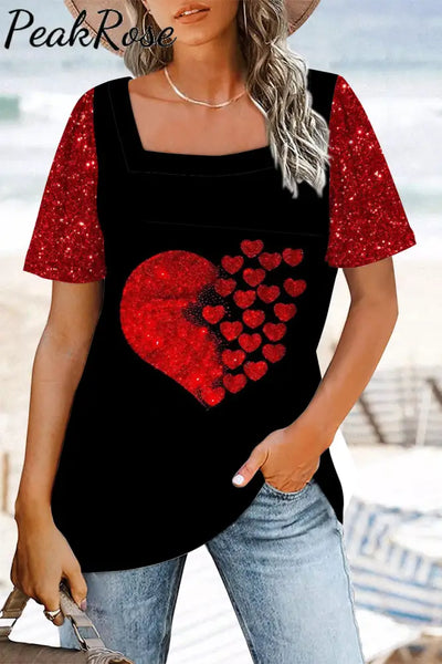 Red Sequin Love Black Beach T-Shirt S / T-Shirt