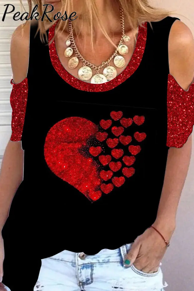 Red Sequin Love Black Cold Shoulder T-Shirt S / T-Shirt