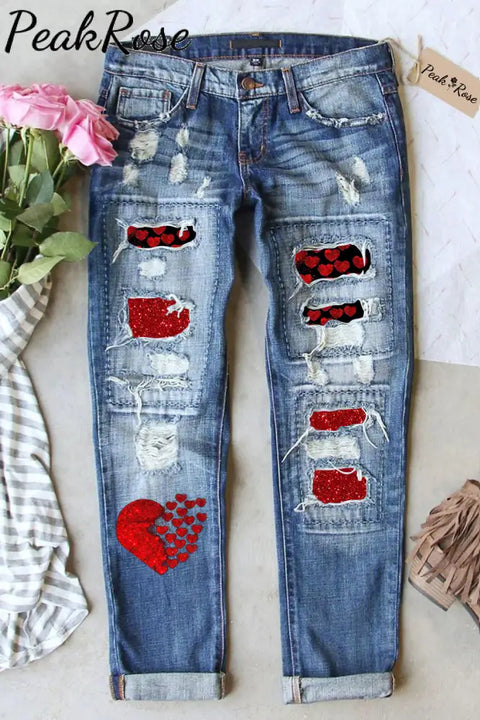 Red Sequin Love Ripped Denim Jeans