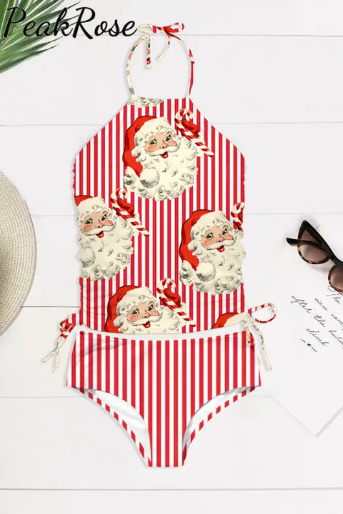 Red Striped Christmas Santa Print Bikini Swimsuit