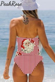 Red Striped Christmas Santa Print Bikini Swimsuit