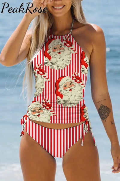 Red Striped Christmas Santa Print Bikini Swimsuit S