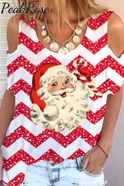 Red Striped Christmas Santa Print Cold Shoulder T-Shirt S / T-Shirt