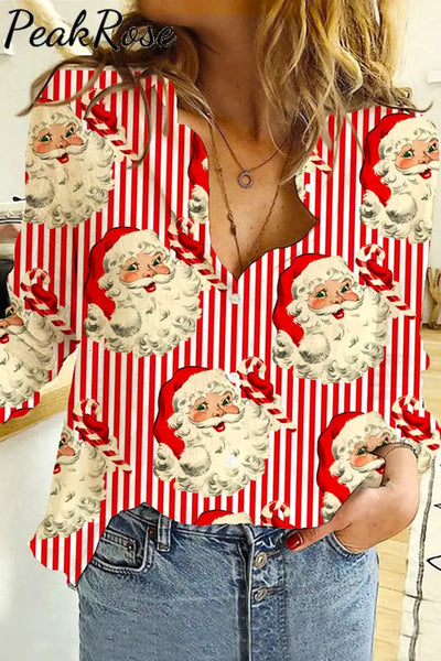 Red Striped Christmas Santa Print Open Button Long Sleeve Shirt S / Women