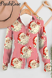 Red Striped Christmas Santa Print Open Button Long Sleeve Shirt Women