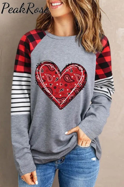 Red Striped Plaid Heart-Shaped Round Neck Shift Casual Sweatshirt