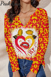 Red & Yellow Leopard Print Championship Trophy Kiss Of Love Notched Neck Loose Long Sleeve T-Shirt