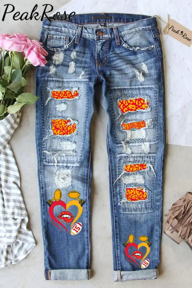 Red & Yellow Leopard Print Championship Trophy Kiss Of Love Ripped Denim Jeans