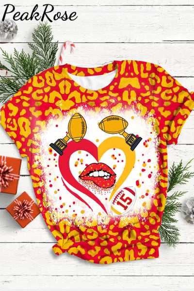 Red & Yellow Leopard Print Championship Trophy Kiss Of Love Round Neck Short Sleeve T-Shirt