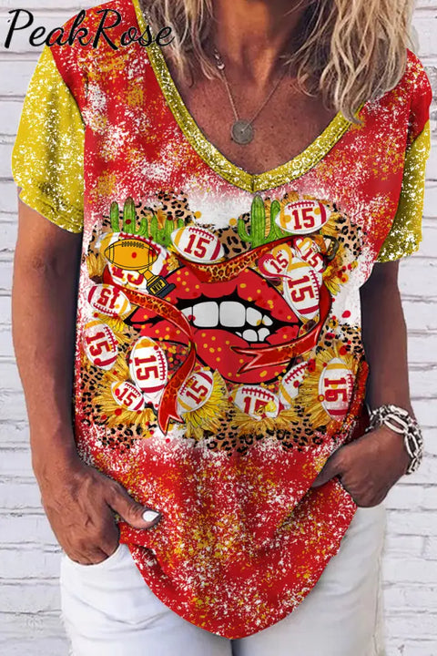 Red & Yellow Leopard Print Championship Trophy Mvp Number Love Kiss Fold V Neck Loose T-Shirt