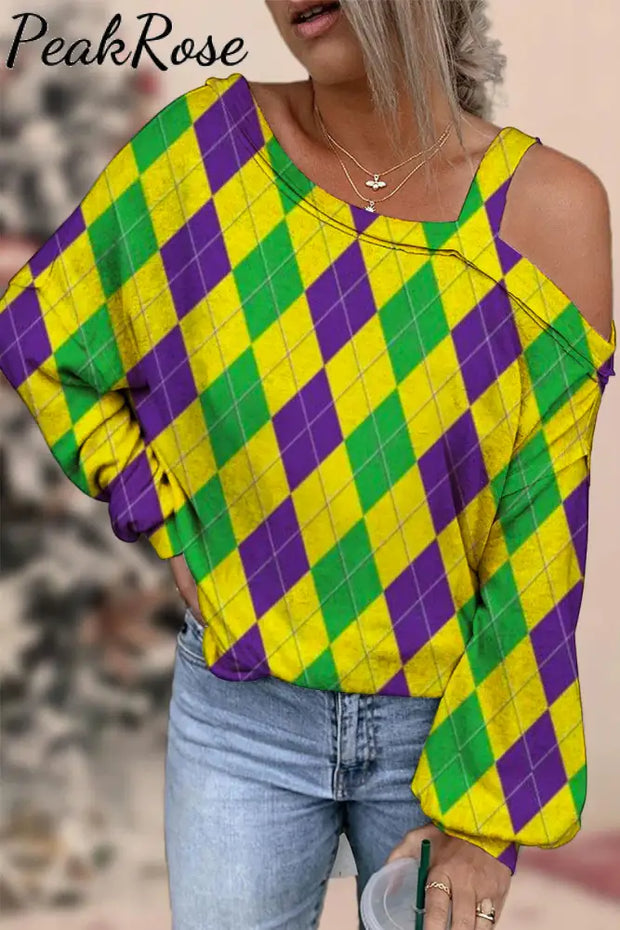 Retro Argyle Mardi Gras Carnival Print Off-Shoulder Blouse