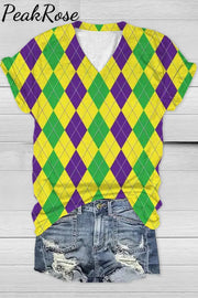 Retro Argyle Mardi Gras Carnival Print V Neck Short Sleeve T-Shirt