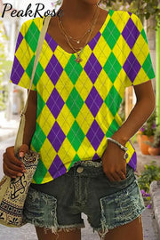 Retro Argyle Mardi Gras Carnival Print V Neck Short Sleeve T-Shirt