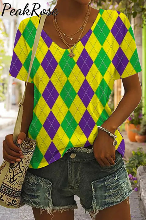 Retro Argyle Mardi Gras Carnival Print V Neck Short Sleeve T-Shirt