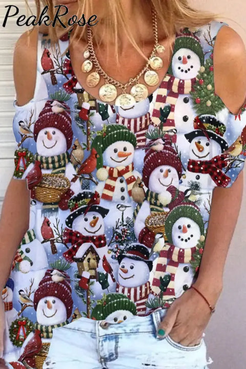 Retro Christmas Snowman Cold Shoulder T-Shirt S / Photo Color T-Shirt