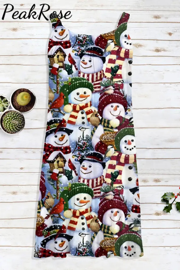 Retro Christmas Snowman Print Sleeveless Dress