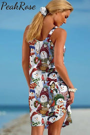 Retro Christmas Snowman Print Sleeveless Dress