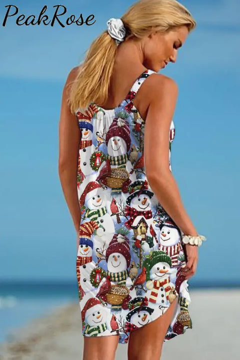 Retro Christmas Snowman Print Sleeveless Dress