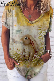 Retro Chronology Easter Bunny Warm Color Painting Fold V-Neck Loose T-Shirt V Neck