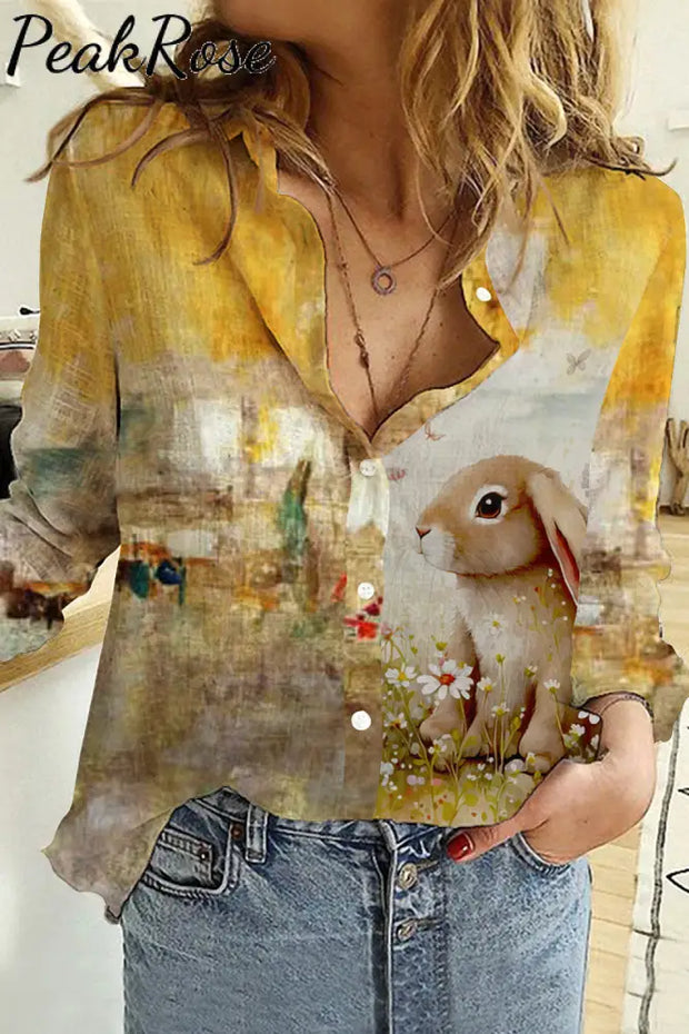 Retro Chronology Easter Bunny Warm Color Painting Long Sleeve Shirt Women