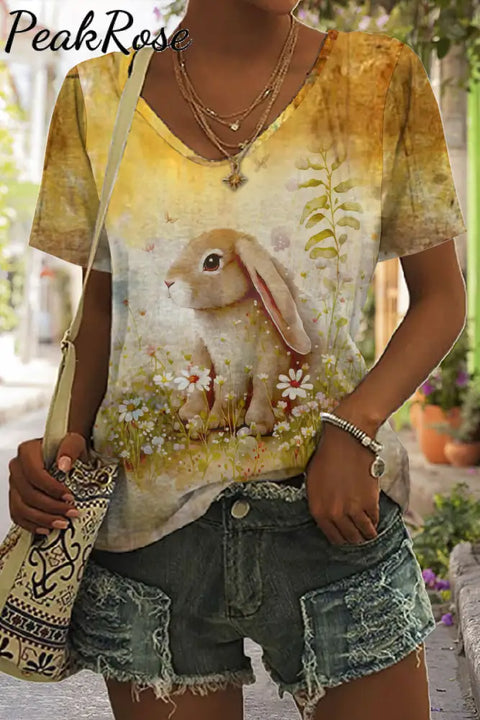 Retro Chronology Easter Bunny Warm Color Painting V-Neck T-Shirt T-Shirt