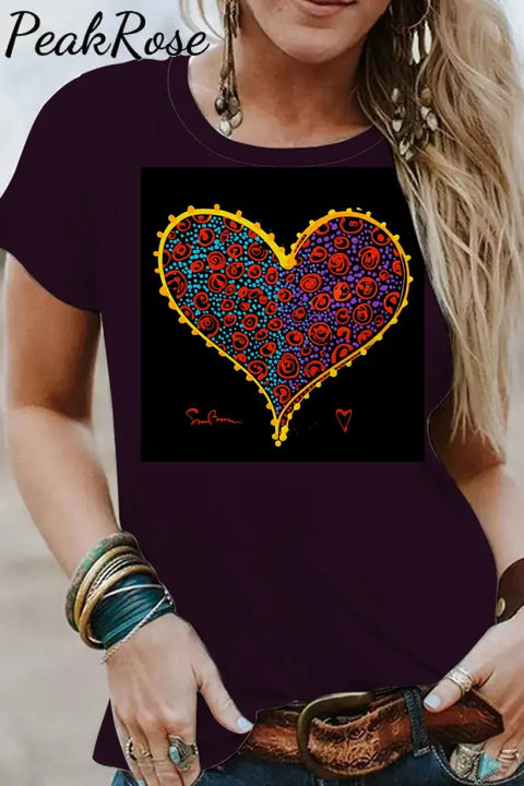 Retro Color Sho Love Heart Diamond Print Short-Sleeved T-Shirt