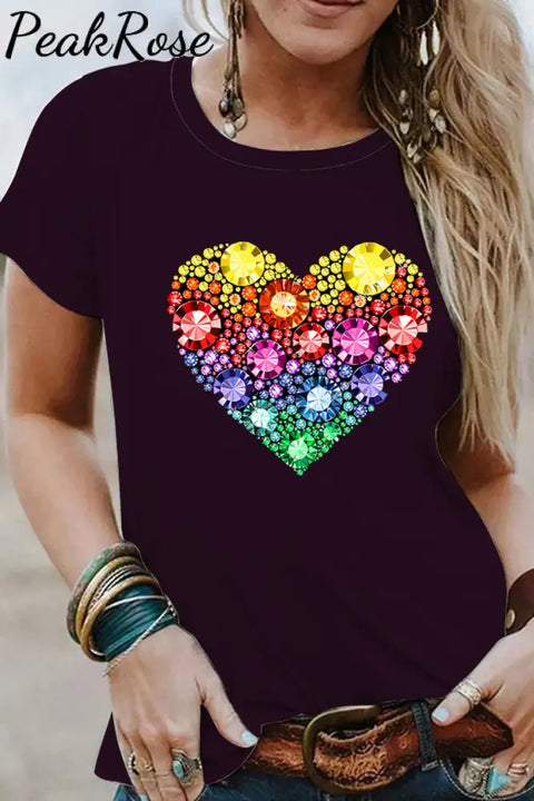 Retro Colorful Rhinestone Love Diamond Print Short-Sleeved T-Shirt