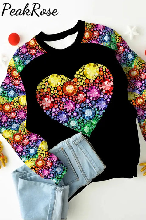 Retro Colorful Rhinestone Love Diamond Print Sweatshirt