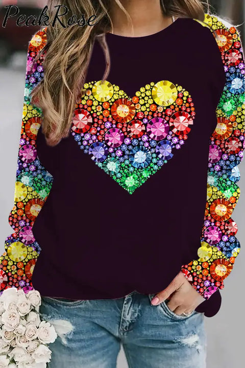 Retro Colorful Rhinestone Love Diamond Print Sweatshirt S / Black