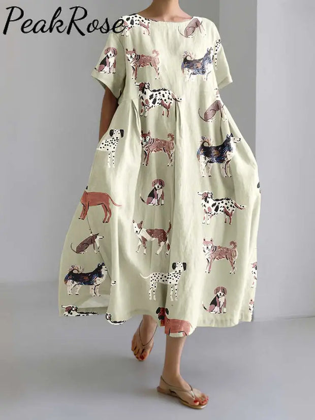 Retro Cozy Puppy Print Loose Midi Dress Hot Sell